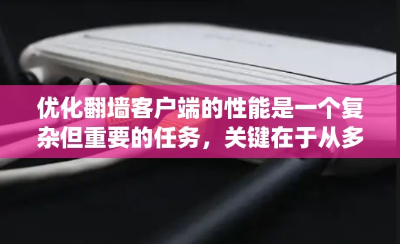优化翻墙客户端的性能是一个复杂但重要的任务,关键在于从多个层面入手,确保客户端能够高效响应并快速获取资源。以下是一个系统性的优化方案 优化翻墙客户端的性能是一个复杂但重要的任务,关键在于从多个层面入手,确保客户端能够高效响应并快速获取资源。以下是一个系统性的优化方案